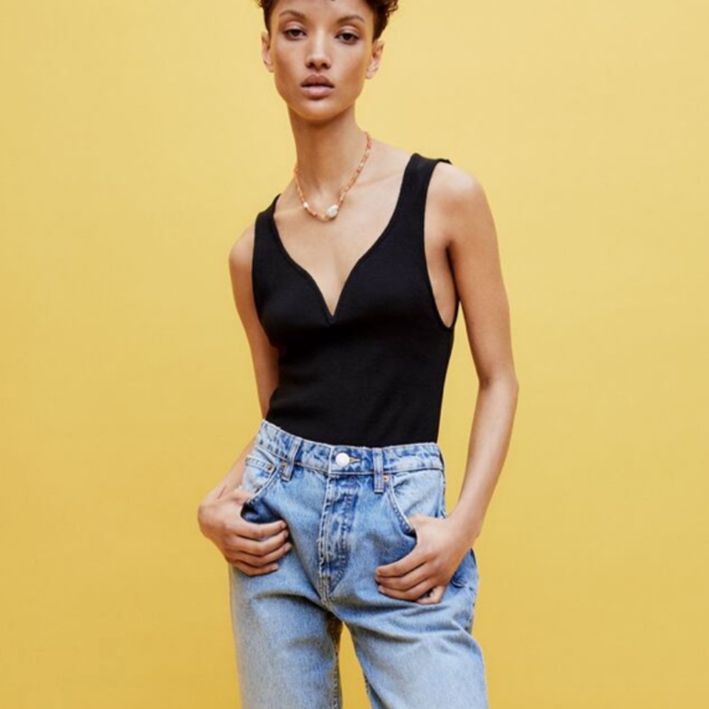 Zara Sweetheart Neckline Bodysuit in Black | Ribbed Slim Fit | Size Small